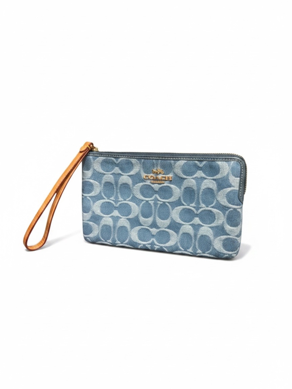Coach Large Corner Zip Wristlet Denim Signature C Canvas Indigo Blue NWT